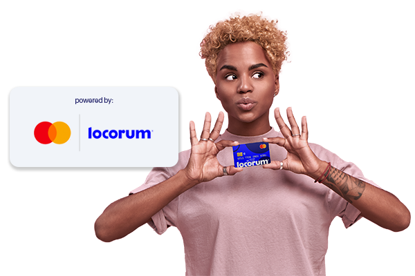 Woman holding Locorum card paired with Mastercard